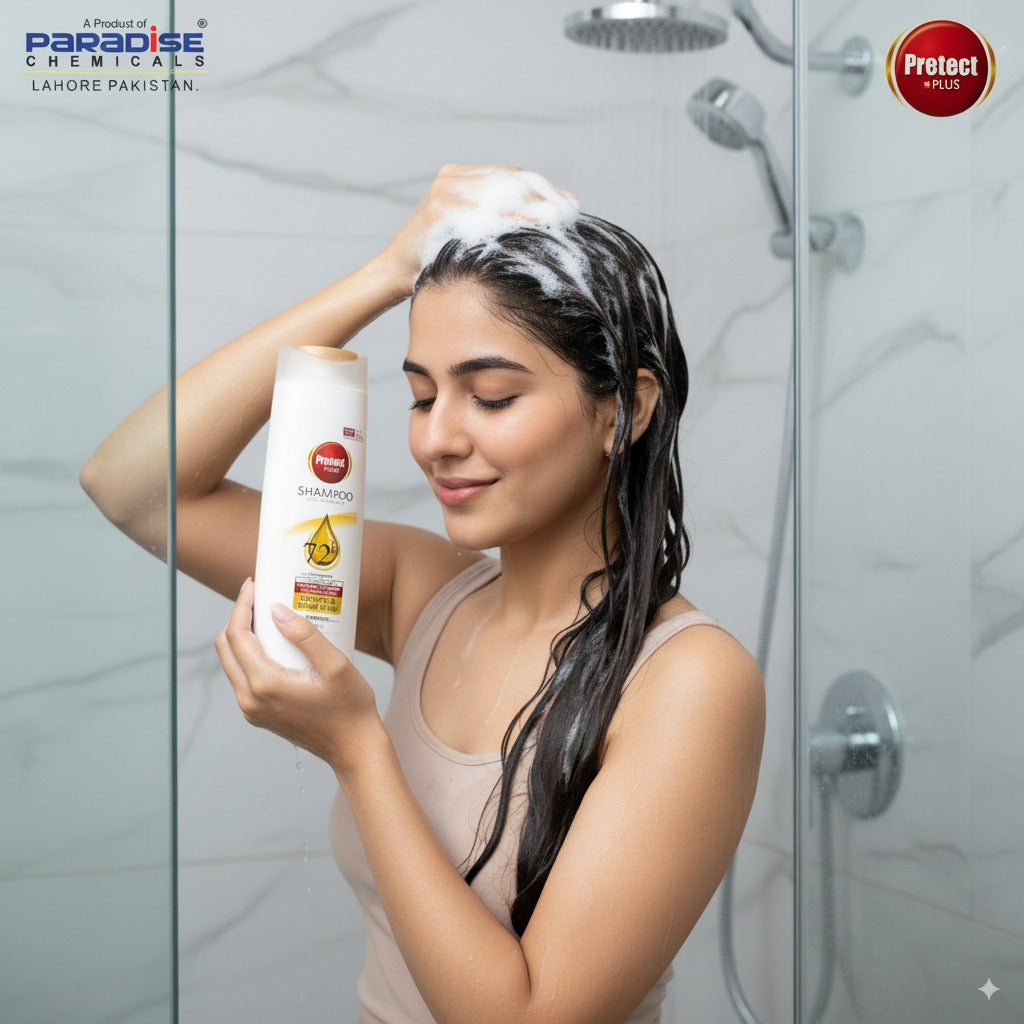 Woman washing her hair with a bottle of shampoo in a shower, with Paradise Chemicals branding visible.