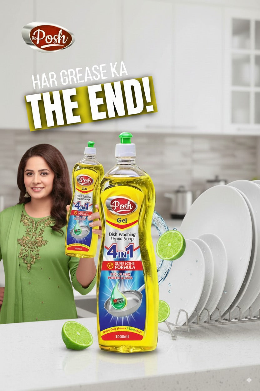 Woman holding a bottle of Posh dishwashing liquid with text 'Har Grease Ka The End!' in a kitchen setting.