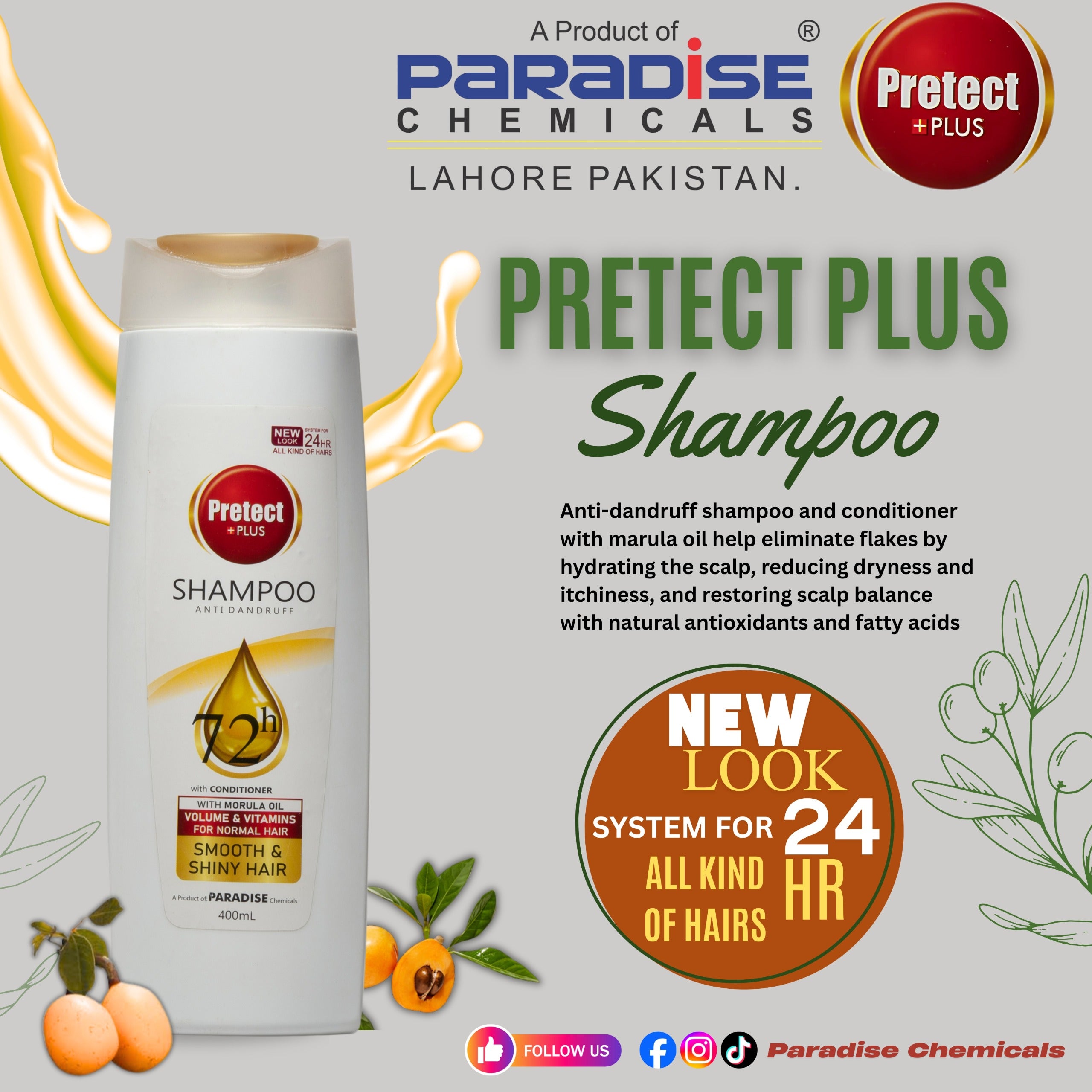 Prefect Plus Shampoo bottle with product details on a promotional background
