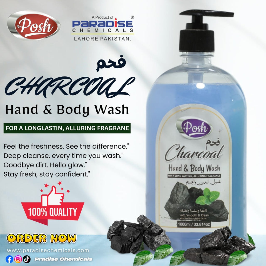 Posh Charcoal Hand & Body Wash bottle with charcoal pieces and green leaves on a white background