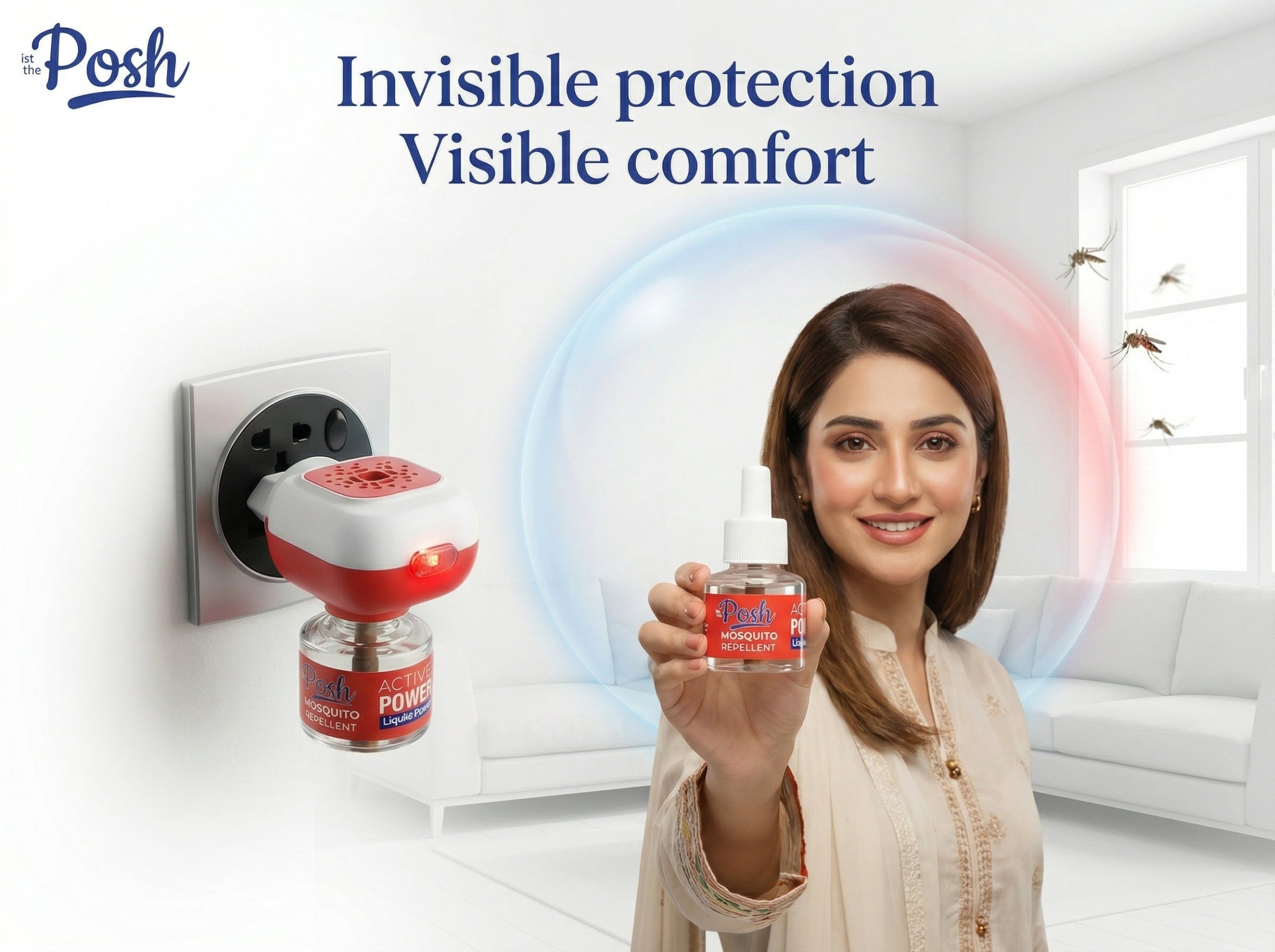 Woman holding a Posh product with text 'Invisible protection, Visible comfort' in a home setting.